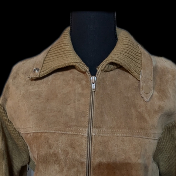 Vintage 70s Suede and Knit Jacket genuine leather tan light brown Shacket - Picture 2 of 7